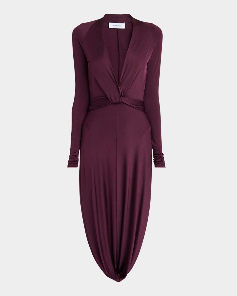 Plunging Draped Jersey Long-Sleeve Dress